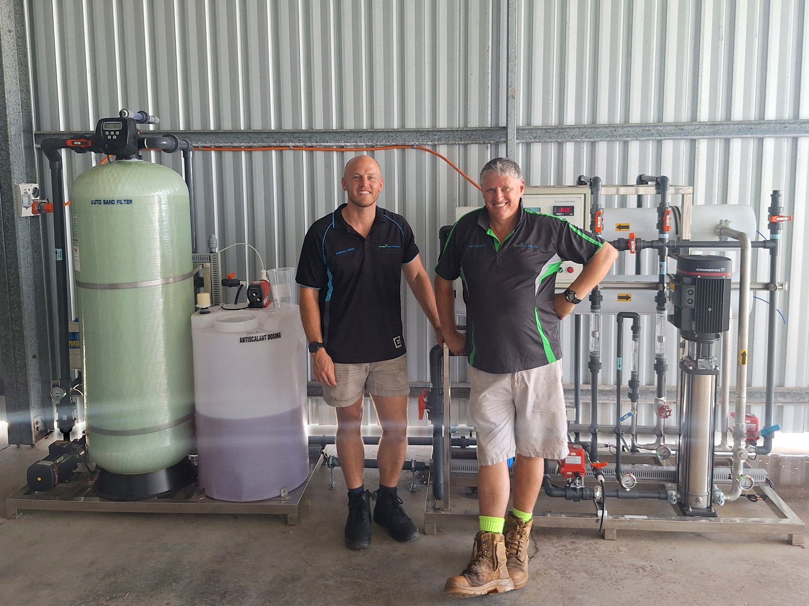 Bore water treatment system with sand filter, antiscalant dosing and reverse osmosis