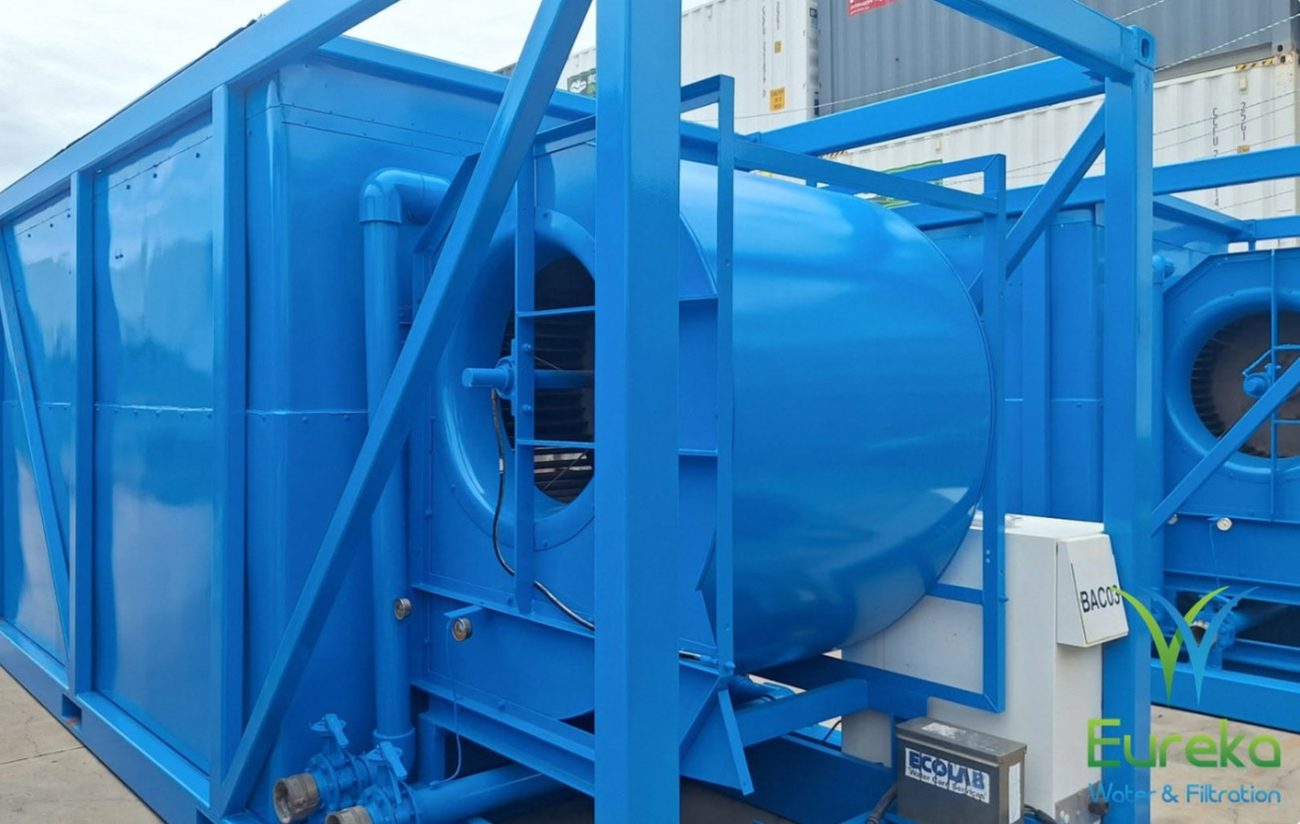 Rebuilt containerised cooling tower with new fan housing, painted blue