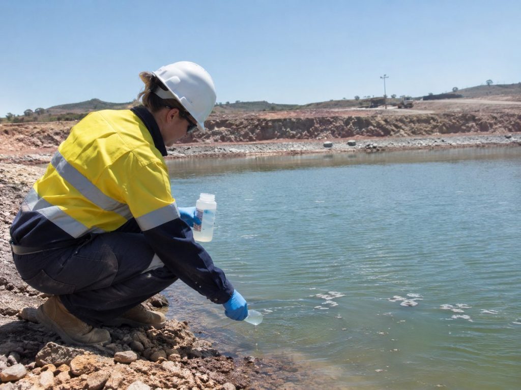 Technician in PPE taking a water sample from a mine water pond