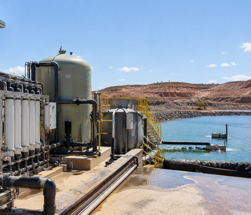 Mine water management: treatment plant with filtration vessels beside a pond