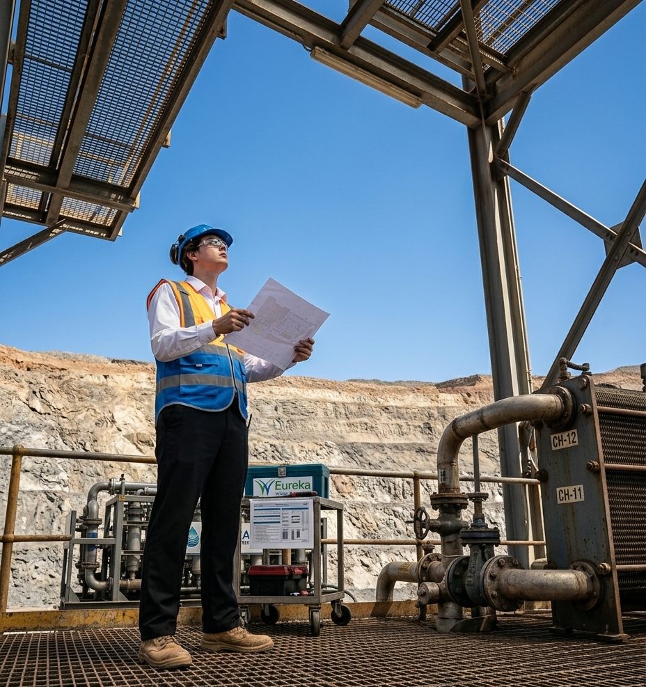 Engineer in PPE reviewing drawings beside water treatment equipment at a mine site